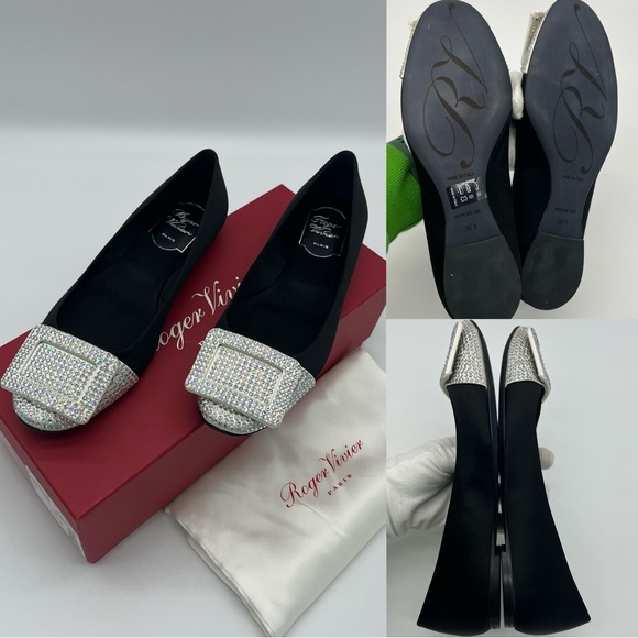 Authentic Roger Vivier Black Satin white Swarovski Crystals ballerina - Picture 7 of 14